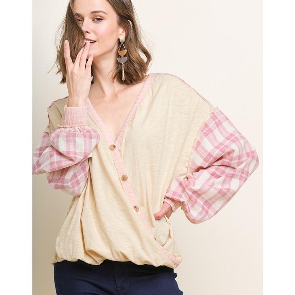 UMGEE Heathered Plaid Puff Long Sleeve Top Surplice Faux Buttons‎ Blouse Size M